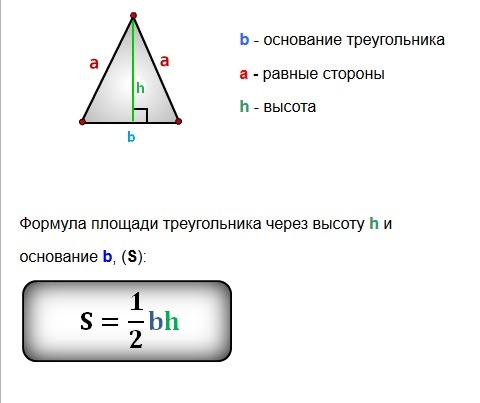 Половина длины основания. Формула нахождения площади равнобедренного треугольника по высоте. Формула нахождения стороны треугольника через периметр. Как найти высоту треугольника по формуле. Формула нахождения треугольника через высоту.
